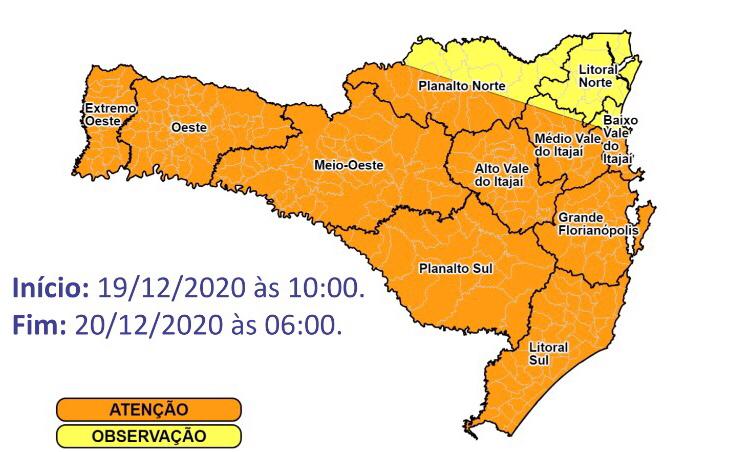 Defesa Civil de SC alerta para temporais generalizados no estado neste sábado