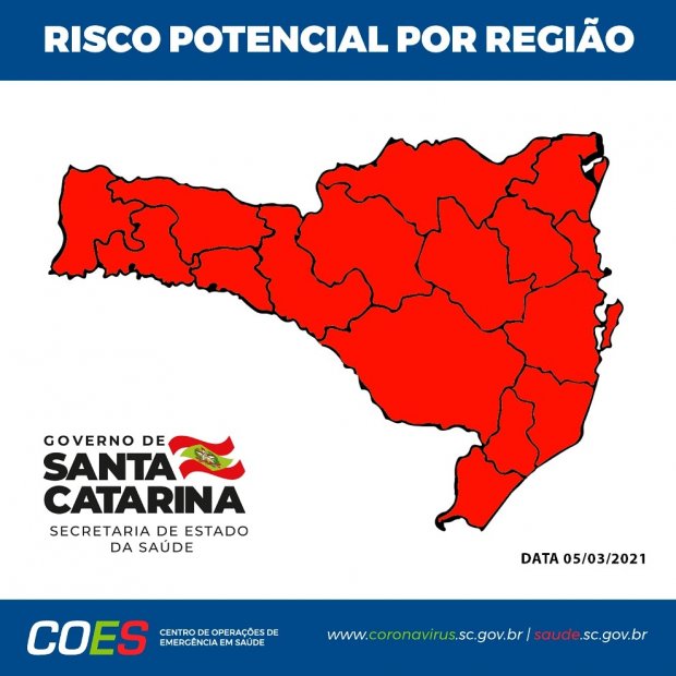 Matriz de Risco Potencial: Todas as regiões do estado se encontram em nível gravíssimo (cor vermelha)