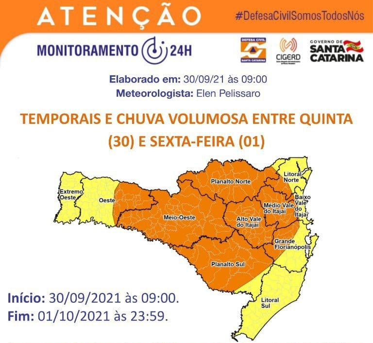 Defesa civil emite alerta de chuva intensa na região