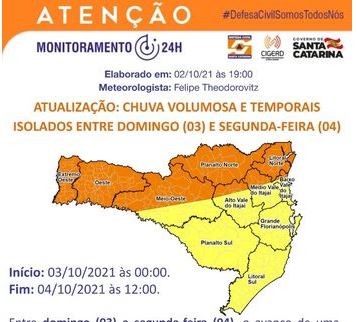 Defesa Civil alerta para chuvas volumosas antes da geada em SC