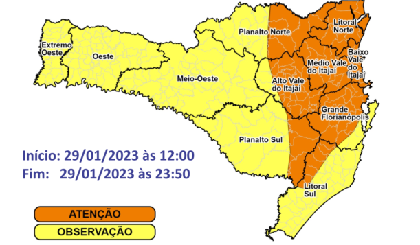 Cidades de oito regiões de SC estão em risco alto para temporais e alagamentos