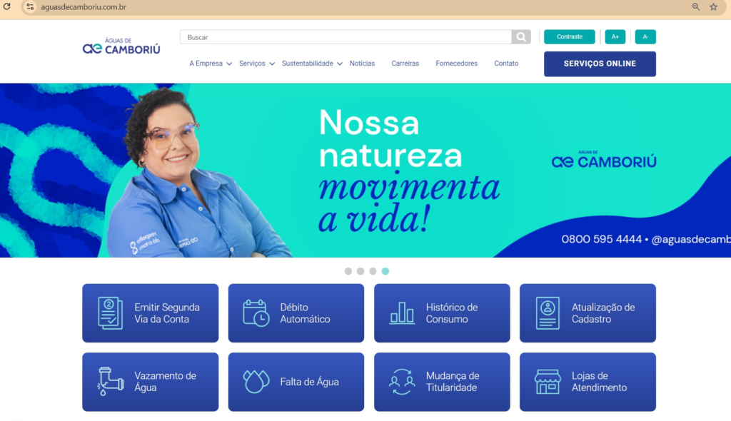 Site da Águas de Camboriú traz informações e serviços importantes sobre a concessionária 